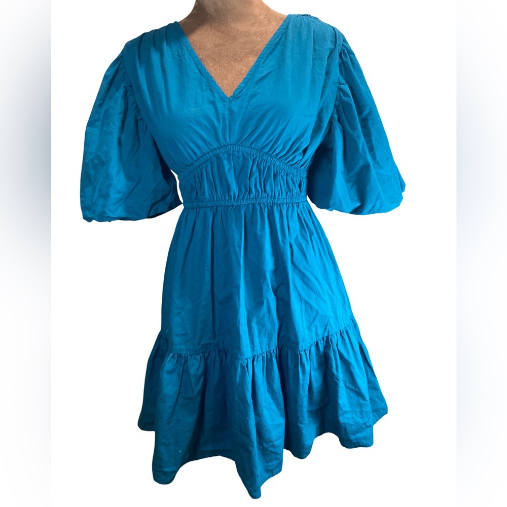 Women’s Japna Teal‎ Puff Sleeve Mini Dress Empire Waist Tiered Ruffle Small